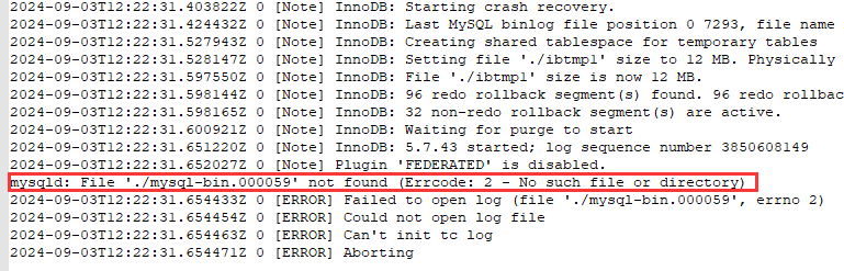 mysql找不到binlog文件启动失败的解决办法